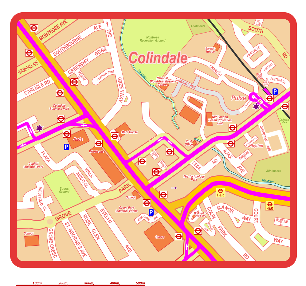 School Colindale  Park Colindale P P P McDonald’s Drive-thru National Blood Transfusion Centre NW London Health Protection Unit Elysian House The Technology Park Montrose Recreation Ground Allotments Silk Stream Silk Stream Allotments Sports Ground MONTROSE AVE HOLMSTALL AVE THE                                   GREENWAY SOUTHBOURNE            AVE GREENWAY       GDNS CARLISLE RD       GROVE  PARK  EVELYN                       AVE ROSE    GLEN ST. GEORGE’S AVE GROVE CRESC   COLIN        PARK                      RD  MANOR         WAY COURT                       WAY AJAX         AVE PLAZA WALK AIRCO CL WESTFIELD  CL CECIL RD BOOTH RD AEROVILLE PASTEUR CL LISTER CT CURIE GDNS FLEMING WALK CHEQUERS  CL STONECROP CL CRANESBILL CL ORCHARD GATE BEAULIEU CL GREENWAY CL PORTMAN GDNS FALCON WAY WINDOVER         AVE School Stores Asda Morrisons Merit House Post Office Grove Park Industrial Estate Capitol Industrial Park Colindale Business Park H&R H&R Morrisons Merit House Colindale Business Park National Blood Transfusion Centre NW London Health Protection Unit Elysian House CHARCOT JOSLIN AVE LINGARD  AVE MORNINGTON  CL Rhythm Rhythm Pulse Pulse GUARDIAN     AVE RD 100m 200m 300m 400m 500m