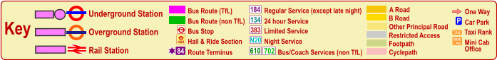 One Way P Car Park TAXI MINI CAB Taxi Rank Mini Cab Office Cyclepath B Road Other Principal Road Footpath A Road Restricted Access Bus Stop Bus Route (TfL) Route Terminus 84 Bus Route (non TfL) H&R Hail & Ride Section Regular Service (except late night) 184 383 N20 134 610 24 hour Service Limited Service Night Service Bus/Coach Services (non TfL) 702 Key Underground Station Rail Station Overground Station