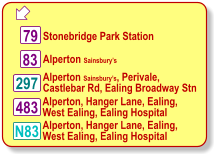  Stonebridge Park Station 297 83 79 Alperton Sainsbury’s, Perivale,  Castlebar Rd, Ealing Broadway Stn  483 Alperton, Hanger Lane, Ealing, West Ealing, Ealing Hospital N83 Alperton, Hanger Lane, Ealing, West Ealing, Ealing Hospital Alperton Sainsbury’s