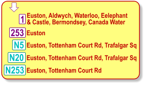 253  Euston, Aldwych, Waterloo, Eelephant & Castle, Bermondsey, Canada Water N253 1 N5 Euston, Tottenham Court Rd, Trafalgar Sq Euston N20 Euston, Tottenham Court Rd, Trafalgar Sq Euston, Tottenham Court Rd