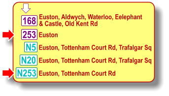 253  Euston, Aldwych, Waterloo, Eelephant & Castle, Old Kent Rd N253 168 N5 Euston, Tottenham Court Rd, Trafalgar Sq Euston N20 Euston, Tottenham Court Rd, Trafalgar Sq Euston, Tottenham Court Rd  