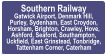 Southern Railway Gatwick Airport, Denmark Hill,  Purley, Sydenham, East Croydon,  Horsham, Brighton, Crawley, Hove,  Ashford, Seaford, Southampton,  Uckfield, East Grinstead, Tonbridge,  Tattenham Corner, Caterham