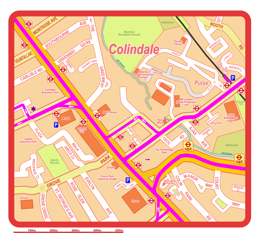 School Colindale  Park Colindale P P P McDonalds Drive-thru British Newspapers Library National Blood Transfusion Centre NW London Health Protection Unit Elysian House The Technology Park Montrose Recreation Ground Allotments Silk Stream Silk Stream Allotments Sports Ground MONTROSE AVE HOLMSTALL AVE THE                                   GREENWAY SOUTHBOURNE            AVE GREENWAY       GDNS CARLISLE RD       GROVE  PARK  EVELYN                       AVE ROSE    GLEN ST. GEORGES AVE GROVE CRESC   COLIN        PARK                      RD  MANOR         WAY COURT                       WAY AJAX         AVE PLAZA WALK AIRCO CL WESTFIELD  CL CECIL RD BOOTH RD AEROVILLE PASTEUR CL LISTER CT CURIE GDNS FLEMING WALK CHEQUERS  CL STONECROP CL CRANESBILL CL ORCHARD GATE BEAULIEU CL GREENWAY CL PORTMAN GDNS FALCON WAY WINDOVER         AVE School Stores Asda Oriental City Merit House Post Office Grove Park Industrial Estate Capitol Industrial Park Colindale Business Park 100m 200m 300m 400m 500m H&R H&R JOSLIN AVE CHARCOT RD LINGARD AVE MORNINGTON CLOSE Rhythm Pulse