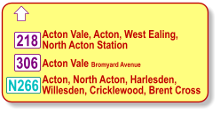  Acton, North Acton, Harlesden, Willesden, Cricklewood, Brent Cross 218 306 N266 Acton Vale Bromyard Avenue Acton Vale, Acton, West Ealing, North Acton Station