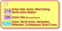  Acton, North Acton, Harlesden, Willesden, Cricklewood, Brent Cross 218 306 N266 Acton Vale Bromyard Avenue Acton Vale, Acton, West Ealing, North Acton Station