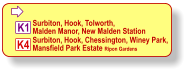  Surbiton, Hook, Chessington, Winey Park, Mansfield Park Estate Ripon Gardens Surbiton, Hook, Tolworth,  Malden Manor, New Malden Station K4 K1