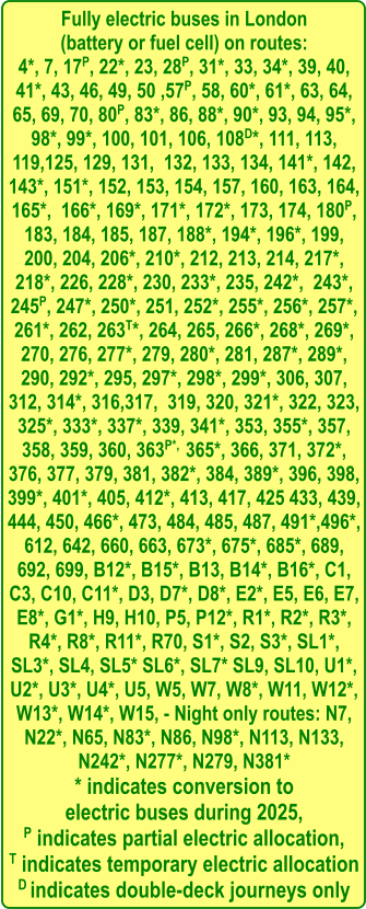 Fully electric buses in London  (battery or fuel cell) on routes: 4*, 7, 17P, 22*, 23, 28P, 31*, 33, 34*, 39, 40, 41*, 43, 46, 49, 50 ,57P, 58, 60*, 61*, 63, 64, 65, 69, 70, 80P, 83*, 86, 88*, 90*, 93, 94, 95*,  98*, 99*, 100, 101, 106, 108D*, 111, 113, 119,125, 129, 131,  132, 133, 134, 141*, 142, 143*, 151*, 152, 153, 154, 157, 160, 163, 164, 165*,  166*, 169*, 171*, 172*, 173, 174, 180P, 183, 184, 185, 187, 188*, 194*, 196*, 199, 200, 204, 206*, 210*, 212, 213, 214, 217*, 218*, 226, 228*, 230, 233*, 235, 242*,  243*, 245P, 247*, 250*, 251, 252*, 255*, 256*, 257*, 261*, 262, 263T*, 264, 265, 266*, 268*, 269*, 270, 276, 277*, 279, 280*, 281, 287*, 289*, 290, 292*, 295, 297*, 298*, 299*, 306, 307, 312, 314*, 316,317,  319, 320, 321*, 322, 323, 325*, 333*, 337*, 339, 341*, 353, 355*, 357, 358, 359, 360, 363P*,  365*, 366, 371, 372*, 376, 377, 379, 381, 382*, 384, 389*, 396, 398, 399*, 401*, 405, 412*, 413, 417, 425 433, 439, 444, 450, 466*, 473, 484, 485, 487, 491*,496*,  612, 642, 660, 663, 673*, 675*, 685*, 689,  692, 699, B12*, B15*, B13, B14*, B16*, C1, C3, C10, C11*, D3, D7*, D8*, E2*, E5, E6, E7, E8*, G1*, H9, H10, P5, P12*, R1*, R2*, R3*, R4*, R8*, R11*, R70, S1*, S2, S3*, SL1*, SL3*, SL4, SL5* SL6*, SL7* SL9, SL10, U1*, U2*, U3*, U4*, U5, W5, W7, W8*, W11, W12*, W13*, W14*, W15, - Night only routes: N7, N22*, N65, N83*, N86, N98*, N113, N133, N242*, N277*, N279, N381* * indicates conversion to  electric buses during 2025, P indicates partial electric allocation, T indicates temporary electric allocation D indicates double-deck journeys only