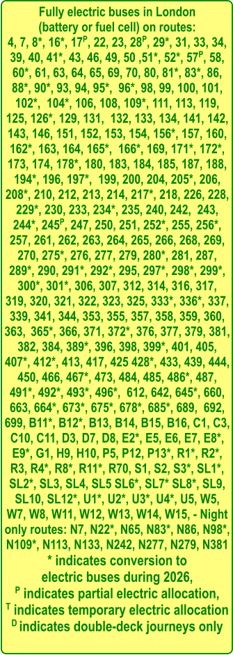 Fully electric buses in London  (battery or fuel cell) on routes: 4, 7, 8*, 16*, 17P, 22, 23, 28P, 29*, 31, 33, 34, 39, 40, 41*, 43, 46, 49, 50 ,51*, 52*, 57P, 58, 60*, 61, 63, 64, 65, 69, 70, 80, 81*, 83*, 86, 88*, 90*, 93, 94, 95*,  96*, 98, 99, 100, 101, 102*,  104*, 106, 108, 109*, 111, 113, 119, 125, 126*, 129, 131,  132, 133, 134, 141, 142, 143, 146, 151, 152, 153, 154, 156*, 157, 160, 162*, 163, 164, 165*,  166*, 169, 171*, 172*, 173, 174, 178*, 180, 183, 184, 185, 187, 188, 194*, 196, 197*,  199, 200, 204, 205*, 206, 208*, 210, 212, 213, 214, 217*, 218, 226, 228, 229*, 230, 233, 234*, 235, 240, 242,  243, 244*, 245P, 247, 250, 251, 252*, 255, 256*, 257, 261, 262, 263, 264, 265, 266, 268, 269, 270, 275*, 276, 277, 279, 280*, 281, 287, 289*, 290, 291*, 292*, 295, 297*, 298*, 299*, 300*, 301*, 306, 307, 312, 314, 316, 317,  319, 320, 321, 322, 323, 325, 333*, 336*, 337, 339, 341, 344, 353, 355, 357, 358, 359, 360, 363,  365*, 366, 371, 372*, 376, 377, 379, 381, 382, 384, 389*, 396, 398, 399*, 401, 405, 407*, 412*, 413, 417, 425 428*, 433, 439, 444, 450, 466, 467*, 473, 484, 485, 486*, 487, 491*, 492*, 493*, 496*,  612, 642, 645*, 660, 663, 664*, 673*, 675*, 678*, 685*, 689,  692, 699, B11*, B12*, B13, B14, B15, B16, C1, C3, C10, C11, D3, D7, D8, E2*, E5, E6, E7, E8*, E9*, G1, H9, H10, P5, P12, P13*, R1*, R2*, R3, R4*, R8*, R11*, R70, S1, S2, S3*, SL1*, SL2*, SL3, SL4, SL5 SL6*, SL7* SL8*, SL9, SL10, SL12*, U1*, U2*, U3*, U4*, U5, W5, W7, W8, W11, W12, W13, W14, W15, - Night only routes: N7, N22*, N65, N83*, N86, N98*, N109*, N113, N133, N242, N277, N279, N381 * indicates conversion to  electric buses during 2026, P indicates partial electric allocation, T indicates temporary electric allocation D indicates double-deck journeys only