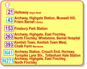  N41 Archway, Highgate Station, Muswell Hill,  Friern Barnet Library Finsbury Park Station Kentish Town, Kentish Town West,  Chalk Farm Morrisons 43 393 153 Archway Station, Crouch End, Hornsey, Turnpike Lane Stn., Tottenham Hale Station 263 Archway, Highgate, East Finchley,  North Finchley, Whetstone, Barnet Hospital 21 N271 Holloway Nag’s Head Archway, Highgate, East Finchley,  North Finchley