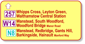 Whipps Cross, Leyton Green,  Walthamstow Central Station Wanstead, South Woodford, Woodford Bridge Manor Road Wanstead, Redbridge, Gants Hill,  Barkingside, Hainault Manford Way N8 257 W14
