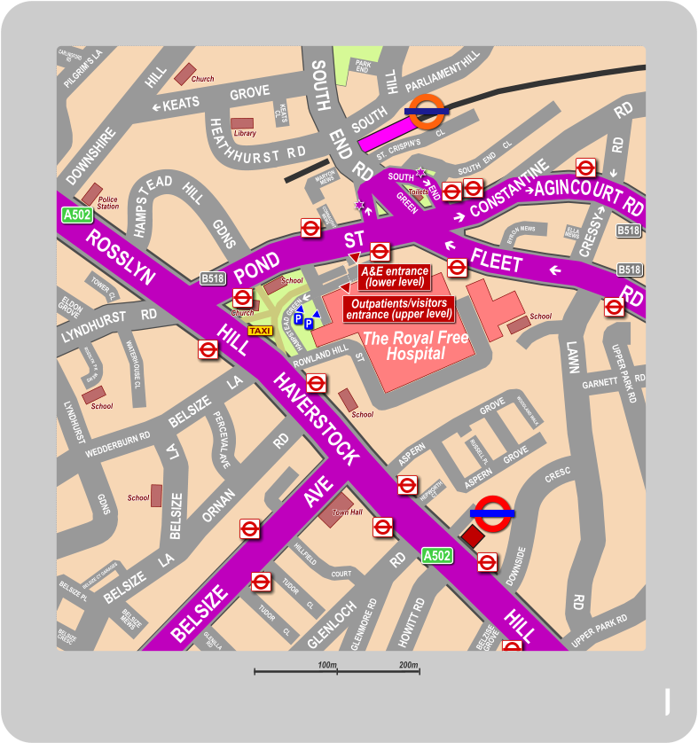 DOWNSIDE HEATHHURST RD KEATS          GROVE HAMPSTEAD   HILL       GDNS LYNDHURST     RD SOUTH HILL PARLIAMENT HILL ROWLAND HILL DOWNSHIRE                  HILL PILGRIM’S LA CRESSY LAWN RD RD CRESC UPPER PARK RD UPPER PARK RD GARNETT RD RD GLENLOCH GLENMORE RD HOWITT RD BELZISE GROVE ORNAN                    RD BELSIZE LA BELSIZE LA BELSIZE LA WEDDERBURN RD LYNDHURST GDNS PERCEVAL AVE ST HAMPSTEAD GREEN            SOUTH   END      CL ST.  CRISPIN’S          CL MARYON  MEWS WATERHOUSE CL CONNAUGHT  MEWS KEATS  CL PARK  END TOWER CL ROSSLYN  PK  MEWS BELSIZE PL ELDON  GROVE TUDOR         CL BELSIZE  MEWS BELSIZE  CRESC BELSIZE CT GARAGES TUDOR         CL HILLFIELD             COURT GLENILLA  RD    ASPERN GROVE ASPERN GROVE RUSSELL PL WOODLAND WALK HEPWORTH  CT ELLA  MEWS BYRON MEWS Toilets            The Royal Free Hospital  Church Church School School School Town Hall School School Police Station Library P P   A502 A502 B518 B518 B518 TAXI  A&E entrance  (lower level) Outpatients/visitors  entrance (upper level) 100m 200m