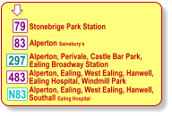  79 297  Stonebrige Park Station Alperton, Perivale, Castle Bar Park, Ealing Broadway Station 83 N83 483 Alperton, Ealing, West Ealing, Hanwell, Ealing Hospital, Windmill Park Alperton, Ealing, West Ealing, Hanwell, Southall Ealing Hospital  Alperton Sainsbury’s