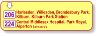  206 Harlesden, Willesden, Brondesbury Park,  Kilburn, Kilburn Park Station  224 Central Middlesex Hospital, Park Royal,  Alperton Sainsbury’s