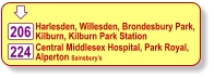  206 Harlesden, Willesden, Brondesbury Park,  Kilburn, Kilburn Park Station  224 Central Middlesex Hospital, Park Royal,  Alperton Sainsbury’s