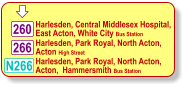  260 Harlesden, Central Middlesex Hospital, East Acton, White City Bus Station  Harlesden, Park Royal, North Acton, Acton High Street  266 N266 Harlesden, Park Royal, North Acton, Acton,  Hammersmith Bus Station