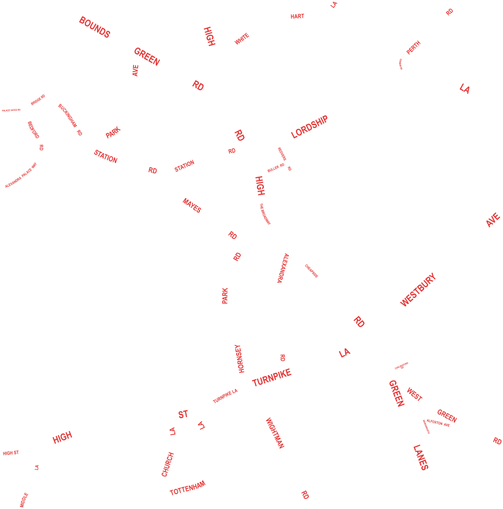 HIGH RD HIGH RD GREEN LANES THE BROADWAY CHEAPSIDE WESTBURY AVE LA TURNPIKE ST HIGH TURNPIKE LA GREEN WEST RD ALFOXTON  AVE WORDSWORTH LORDSHIP LA BOUNDS GREEN RD LA TOTTENHAM CHURCH LA    STATION RD RD STATION BUCKINGHAM    RD BRIDGE RD PALACE GATES RD     BEDFORD      RD        ALEXANDRA  PALACE  WAY WHITE HART LA RD PERTH DUNBAR RD BULLER  RD REDVERS         RD MIDDLE LA   PARK AVE MAYES RD PARK RD HORNSEY WIGHTMAN RD ALEXANDRA RD HIGH ST CARLINGFORD  RD