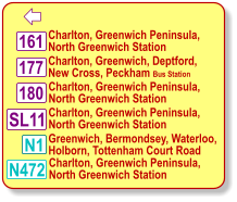 Charlton, Greenwich Peninsula, North Greenwich Station 177 180 N1 Charlton, Greenwich, Deptford, New Cross, Peckham Bus Station Greenwich, Bermondsey, Waterloo, Holborn, Tottenham Court Road 161 Charlton, Greenwich Peninsula, North Greenwich Station Charlton, Greenwich Peninsula, North Greenwich Station SL11 N472 Charlton, Greenwich Peninsula, North Greenwich Station